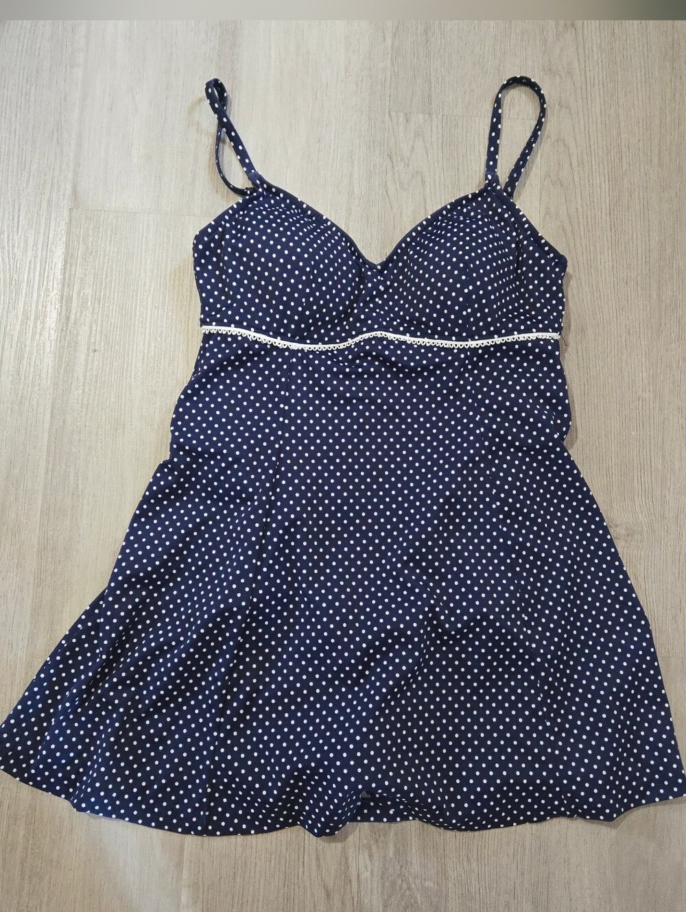 Vintage MAXINE Navy Polka Dot Fit-and-Flare Swimdress Swimsuit, SIZE 12